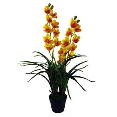 Image of Leaf 90cm Artificial Cymbidium Orchid Plant Extra Large Black Plastic Pot, Yellow
