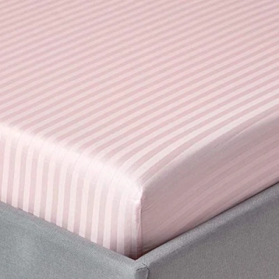 Image of HOMESCAPES Pink Deep Fitted Sheet (12) King 330 TC 500 Thread Count Equivalent Satin Stripe Pure Egyptian Cotton Bed with Fully Elasticated Skirt