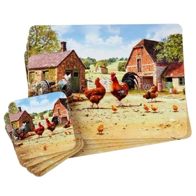 Image of Set Of 4 Cockerel Hen Dinner Place Mats And Coasters