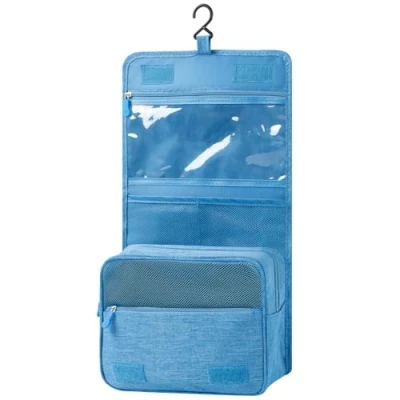 Image of AiQInu Toiletry Bag, Foldable Large Travel Bag for Men and Women, Multifunction Waterproof Cosmetic Organizer with Hooks, Sky Blue, Home