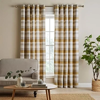 Image of Catherine Lansfield Brushed Cotton Thermal Check 66x90 Inch Lined Eyelet Curtains Two Panels Ochre Yellow