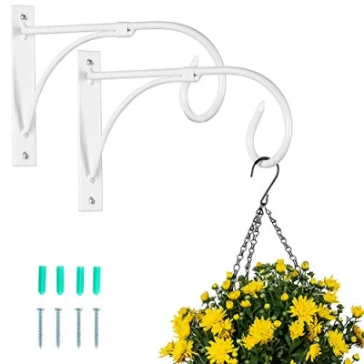 Image of NUPTIO 2 Pcs Hanging Basket Bracket White, Wall Brackets Hooks, Plants Bracket, Garden Outdoor for Plant Flower Pots Lanterns Bird Feeders