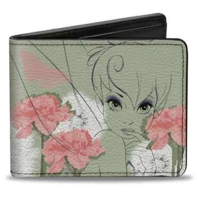 Image of Buckle Down Men&#039;s Tinker Bell Sketch/Carnations/Dandelions Bi Fold Wallet, Multicolor, Standard Size
