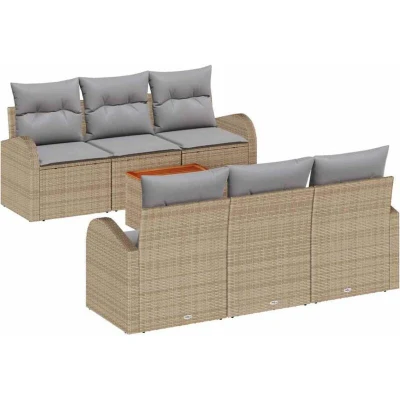 Image of vidaXL 7 Piece Garden Sofa Set with Cushions Beige Poly Rattan Acacia