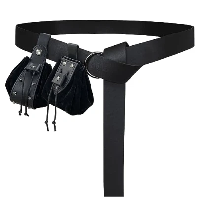 Image of HiiFeuer Medieval O Ring Belt with Vintage Drawstring Pouch and Rivets Bag, Retro Renaissance Faux Leather Coin Purse Set for Ren Faire (Black D)