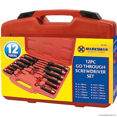 Image of 12PC Heavy Duty Mechanics GO Through Screwdriver Set Engineers HEX Shank POZI Ergonomic Cushioned Grip Handles Builders Hand Tool DIY