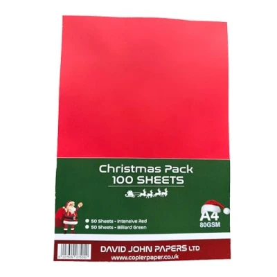 Image of DJP A4 Christmas Coloured 80gsm Paper Intensive Red &amp; Billiard Green 100 Sheets (50 Each Colour)