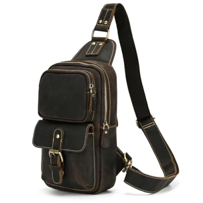 Image of newsbirds Mens Genuine Leather Crossbody Bag Shoulder Sling Casual Daypacks Chest Bags One Strap for Travel Hiking Backpacks