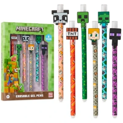 Image of Minecraft Erasable Gel Pens Set, Coloured with Erasers Pack of 6, School Supplies Gifts for Boys
