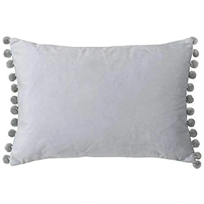 Image of Riva Paoletti Fiesta Rectangular Filled Cushion Multicoloured Pompom Edges Faux Velvet Fabric Discreet Zip Closure 100 Case (14&quot; x 20&quot; inches), Polyester, Dove/Silver, 35 50cm