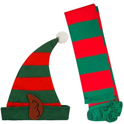 Image of labreeze Ladies Christmas Miss Santa Helper Elf Hat W/Ears Red Green Scarf Xmas Fancy Dress