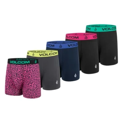 Image of Volcom Mens Boxer Briefs 5 Pack Poly Spandex Performance Underwear, Purple/Black/Navy/Charcoal/Black, L