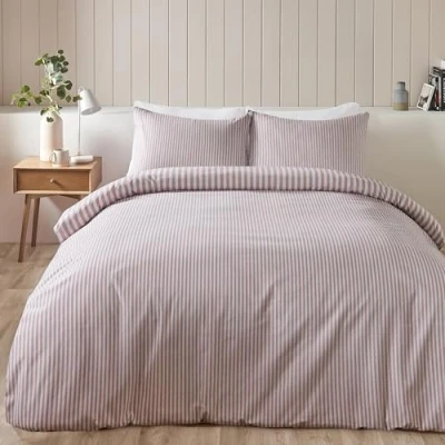 Image of Catherine Lansfield Brushed Stripe Cotton Reversible Double Duvet Cover Set with Pillowcases Blush Pink