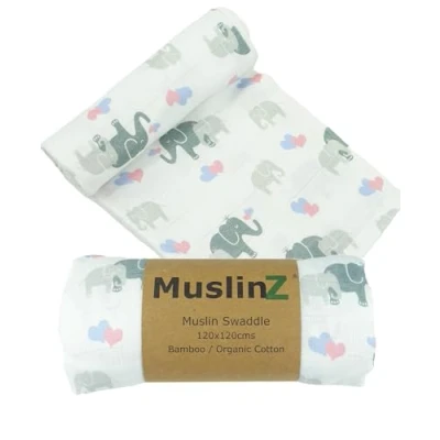 Image of MuslinZ Bamboo/Organic Cotton Muslin Swaddle 120x120cm Elephant