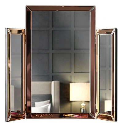 Image of CARME Paloma Trifold Vanity Makeup Mirror Free Standing 3 Way with Bevelled Glass Design Tabletop Cosmetic for Bedroom &amp; Rose Gold