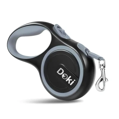 Image of DOKI Retractable Dog Lead, 5m/16FT Reflective Strong Nylon Tape Ribbon Leash, One Button Brake&amp;Lock Extendable Lead for Small Medium Dogs (Grey)