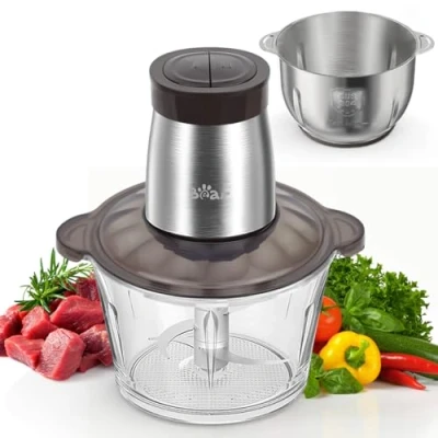 Image of Bear 2L+1.8L 600W Electric Food Processors &amp; Chopper with Glass Container and 304 Stainless Steel Container, 2 Speed Settings, 4 Blades for Chopping Meat, Baby Food, Fruit, Vegetable