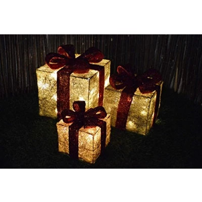 Image of Kingfisher Set of 3 LED Battery Powered Light Up Glitter Sparkle Boxes (Gold w/Red Bow)