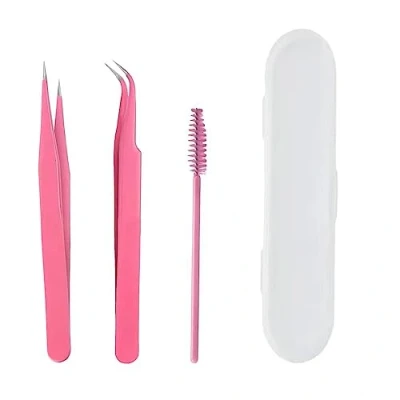 Image of Tweezers, 2Pcs Eyelash Extension Tweezers and 1Pcs Brush, Straight Curved Tip Stainless Steel Kit, for DIY, Nail Art, Craft, Extensions