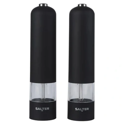 Image of Salter 7524 BKXR Electric Salt &amp; Pepper Grinder Set Matt Black Soft Touch, Push Button Operation, Battery Powered, Ceramic Mechanism, Adjustable Fine To Coarse Grind, 66g Rock Salt/30g Peppercorns