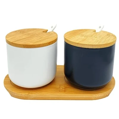 Image of OnePine Set of 2 Sugar Bowl, 260ml Ceramic Spice Jar Salt Container with Lid and Spoon for Home Kitchen (White Black)