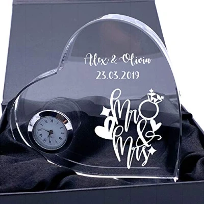 Image of ukgiftstoreonline Engraved Heart Crystal Glass Clock Mr and Mrs Wedding Gift