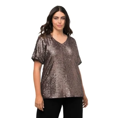 Image of Ulla Popken Women&#039;s Sequin Shirt with Cut Sleeves T, Matte Gold, 20 22