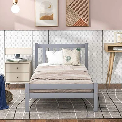 Image of ModernLuxe Single Bed White 3ft Solid Pine Wood Frame for Adults, Children (Gray, 90 x 190 cm)