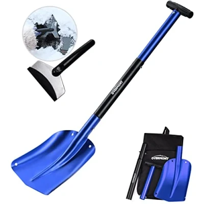 Image of Overmont Retractable Snow Shovel with Ice Scraper Aluminum Lightweight Utility Portable Collapsible Mud for Car, Camping, and Garden Blue