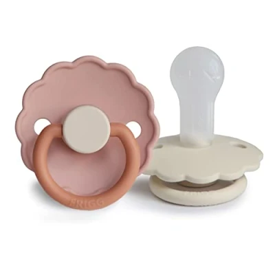 Image of FRIGG Daisy Silicone Pacifier Pack of 2 Soother Dummy BPA Free Made in Denmark Symmetrical Cherry Shaped Nipple (Biscuit/Cream, Size (6 18 Months))