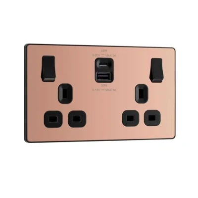 Image of BG Electrical Double Switched Power Wall Plug Socket with Super Fast Charge Type A &amp; C USB Charging Ports, Evolve, Polished Copper, 13A, 45W, PCDCP22UAC45B