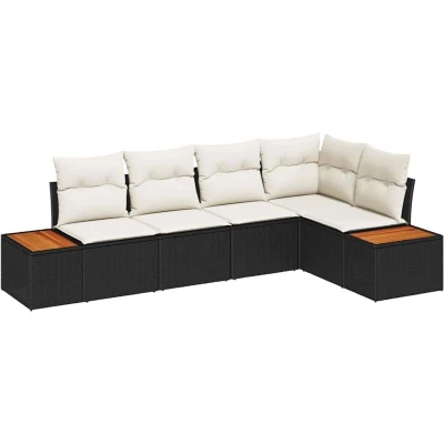 Image of vidaXL 5 Piece Garden Sofa Set with Cushions Black Poly Rattan Acacia