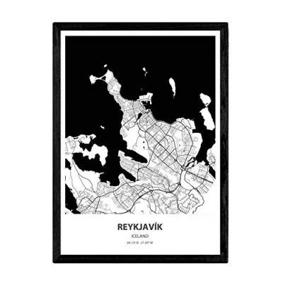 Image of Nacnic Poster with map of Reykjavik Iceland. Sheets cities northern Europe seas and rivers in black color. A3 size
