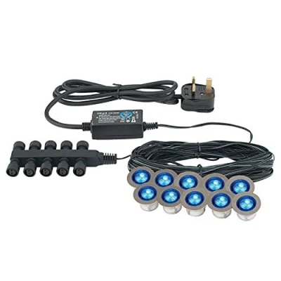 Image of Pack of 10 x Saxby Ikon 30mm Round Polished Stainless Steel Bathroom IP67 Outdoor Recessed Garden Decking Blue LED Light Kit
