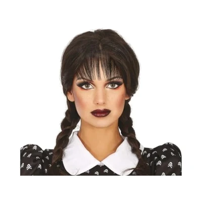 Image of FIESTAS GUIRCA Black Braided Wig with Fringe for Women Fancy Dress Accessory Halloween and Themed Parties Ideal Events Celebrations