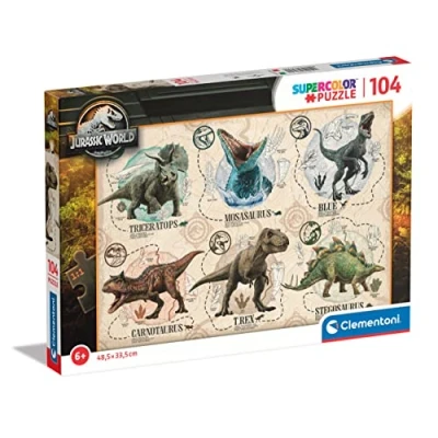 Image of Clementoni 27179 Supercolor Puzzle Jurassic World 104 Pieces, Jigsaw For Kids Age 6, Cartoon, Made In Italy