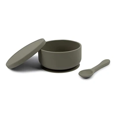 Image of Tiny Dining Baby Bowl with Suction Cup &amp; Spoon Silver Sage Non Slip Silicone Toddler Weaning Feeding Set for Baby, Toddler, Kids