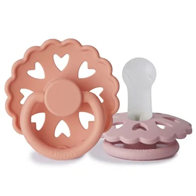 Image of FRIGG Fairytale Silicone Pacifier Pack of 2 Soother Dummy BPA Free Made in Denmark Symmetrical Cherry Shaped Nipple (Pretty Peach/Primrose (6 18 Months))