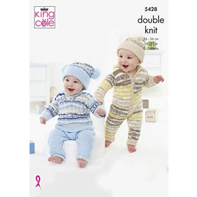 Image of King Cole 5428 Knitting Pattern Baby Onesie Sweater Trousers and Hat in Cherish Cherished DK