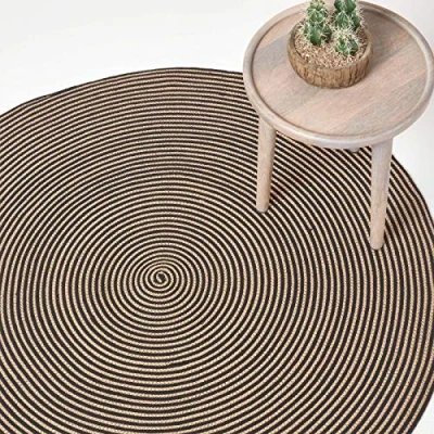 Image of HOMESCAPES Linen and Black Handwoven Braided Spiral Rug 120cm Round Pattern Large Cotton