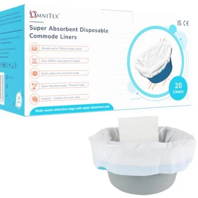 Image of 20pk Omnitex Super High Absorption Commode Liners 2500ml, Bed Pan with 80% SAP granules gel conversion Pad Strong Adult Portable Toilet Bag drawstring and CE &amp; UKCA certified