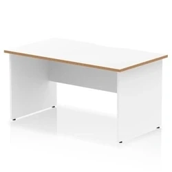 Image of Oslo 1400 x 800mm Scalloped Edge Straight Office Desk White Top Natural Wood Panel End Leg