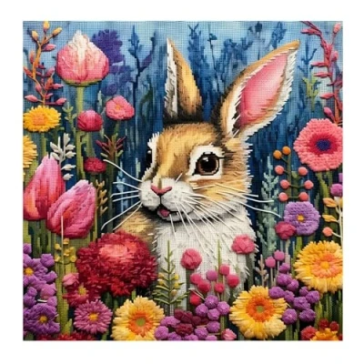 Image of 51buyoutgo Rabbit 11ct Cross Stitch, 11 Count Counted Stamped Pre Printed Stitch Embroidery Kits for Adults Beginners Starter Advanced Easy Crossstitch Animal Patterns Set 40x40 cm