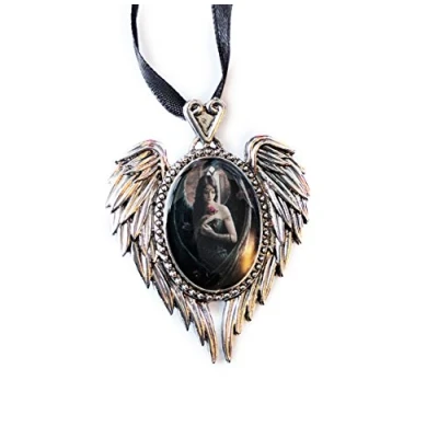 Image of Angel Rose Cameo Oval Cabochon Style Pendant Necklace in Winged Setting With Heart Casting at Top, Ribboned Artwork by Anne Stokes