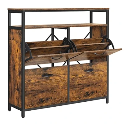 Image of VASAGLE Shoe Cabinet, Hallway Box with 4 Rocker Doors, Narrow Storage Divider for 12 20 Pairs of Shoes, 98.5 x 30 95 cm, Rustic Brown and Black LBS803B01