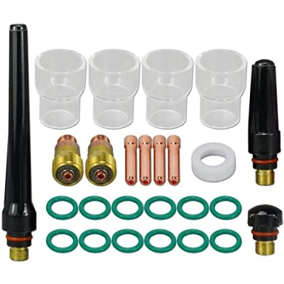 Image of RIVERWELD TIG Stubby Gas Lens Collet Body 17GL332 10N24S 2.4mm Orifice Insulated Quartz Cup Nr.12 22mm Insulator 17GLG20 Assorted Kit for SR WP 17 18 26 Welding Torch 26pcs