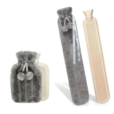 Image of Crystals 2L Fluffy Hot Water Bottle with Cover, Bag for Pain Relief, Two Pom Cosy Faux Fur Warm Slate Grey (Both)