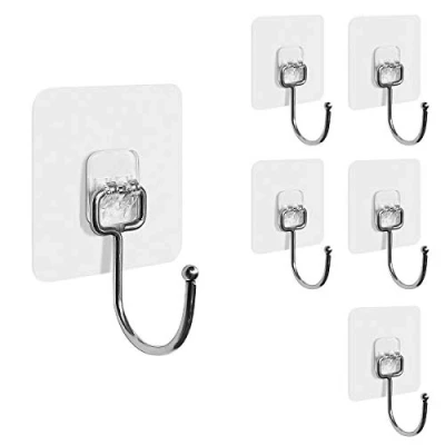 Image of Hushtong Adhesive Hooks Heavy Duty Wall 20kg (Max) Self Hooks,Strong Clear Stick on Free Nail for Kitchen,Home and Office,6Pack