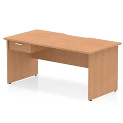 Image of Impulse 1600 x 800mm Scalloped Edge Straight Office Desk Oak Top Panel End Leg Workstation 1 Drawer Fixed Pedestal