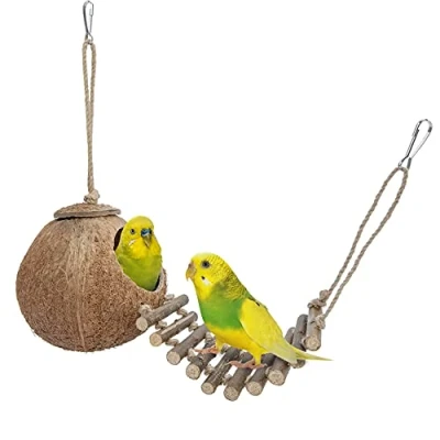 Image of Niteangel Natural Bird Nests Coconut Hideaway with Ladder, and Small Animal Toy (House Surface)
